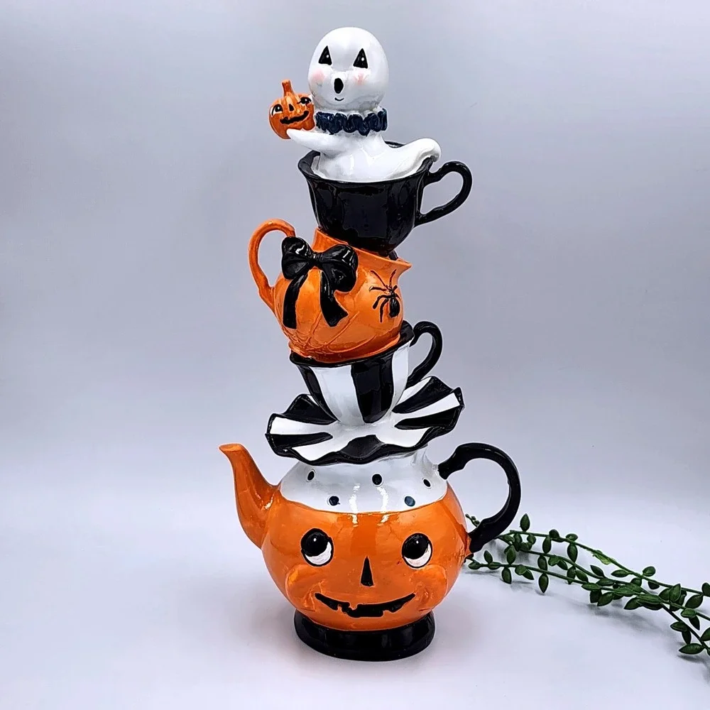 Halloween Stacked Ghost Pumpkin Teapot Teacup Figurine 12.5